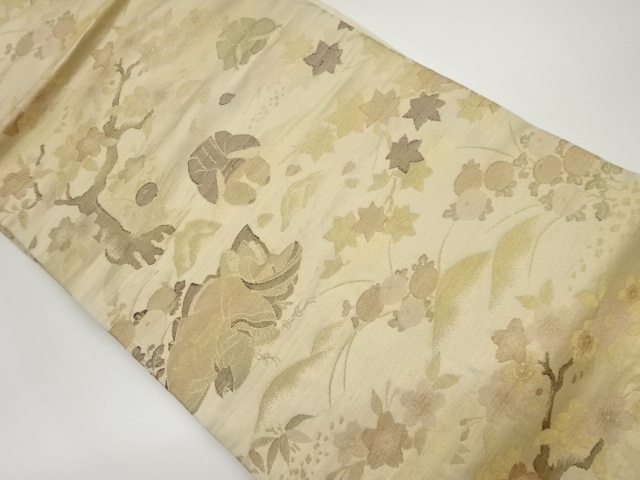 JAPANESE KIMONO / VINTAGE NAGOYA OBI / WOVEN AUTUMN FLOWER & SAKURA